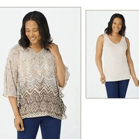 Belle by Kim Gravel Womens 3X Printed Poncho and Knit Tank Set Cream Brown NWT - Picture 1 of 2